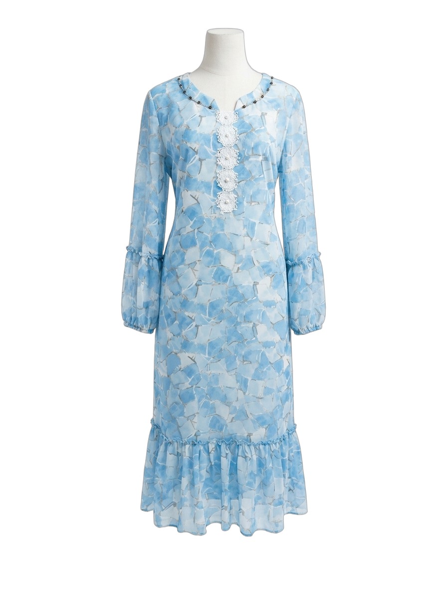 Sky Blue Mosaic Lace-Embellished Ruffle Midi Dress